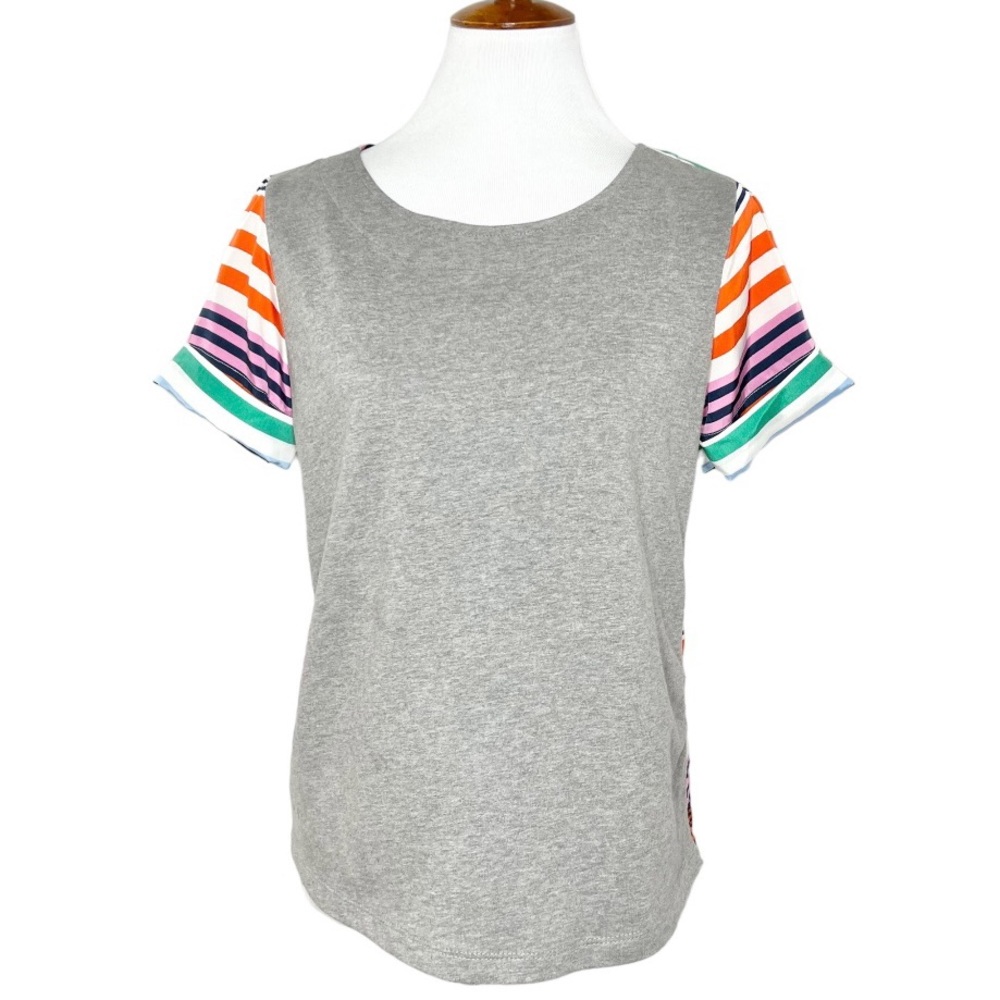 Anthropologie Mixed Media Colorful Stripe Gray Short Sleeve Knit Top - Picture 2 of 10